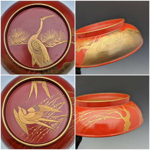 日本古董明治時代京都漆器帶蓋湯碗 5 件套